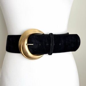 Vintage Navy Blue Suede Belt with Oversized Gold Metal Buckle, 29" - 35" Waist
